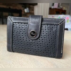 FOSSIL leather wallet black perforated Never Used tab wallet womens